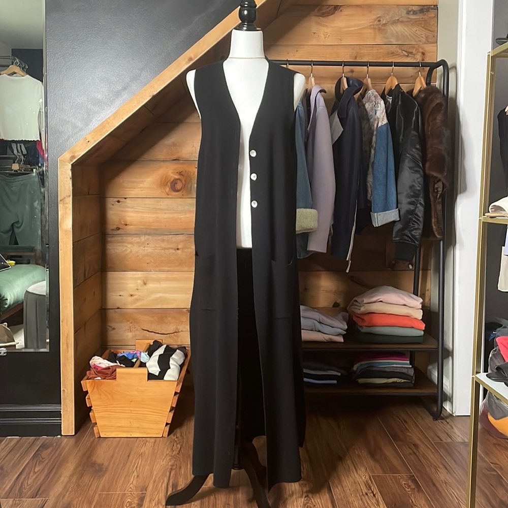 Long Merino Wool Vest Cardigan - Black